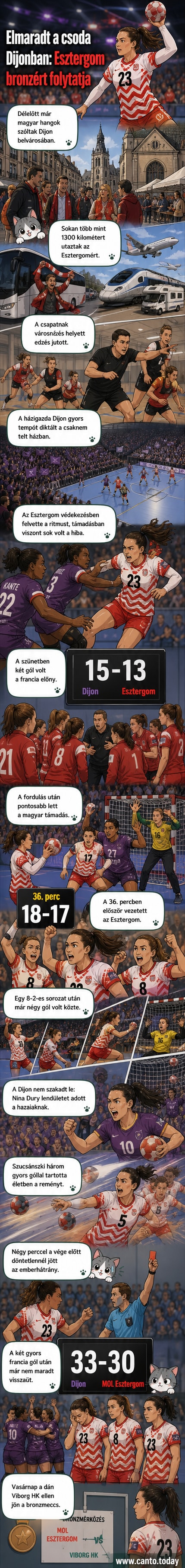 Kézilabdás nők egy nemzetközi kupameccsen, a pálya egyik oldalán magyar szurkolók zászlókkal