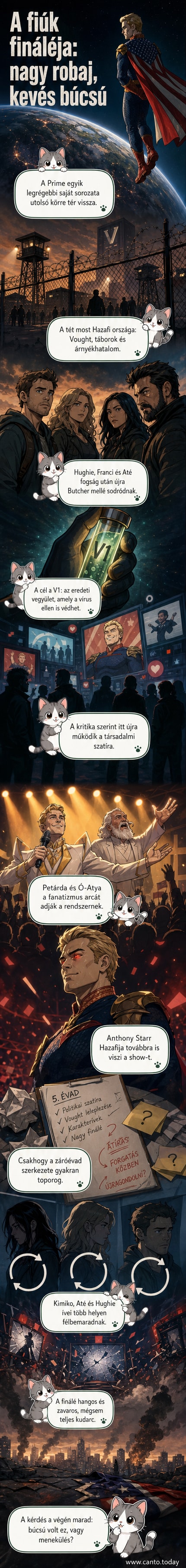 A The Boys 5. évada poszterén a főbb karakterek, köztük Butcher és Hazafi, komor arccal állnak egymással szemben, mögöttük robbanások és városromok láthatók.