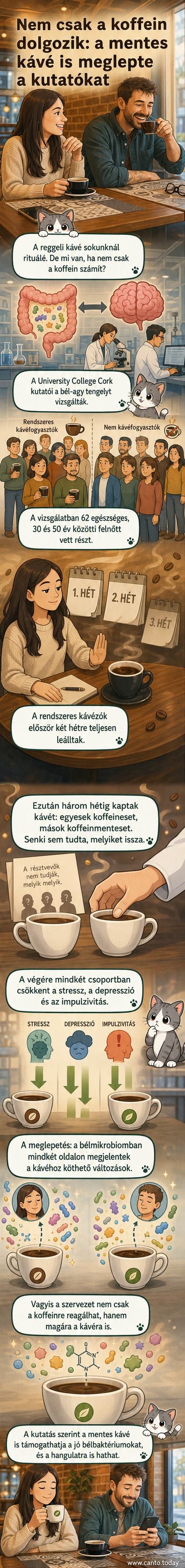 Két csésze kávé mellett mikroszkóp képe a bélmikrobiomról, grafikus ábrázolásban