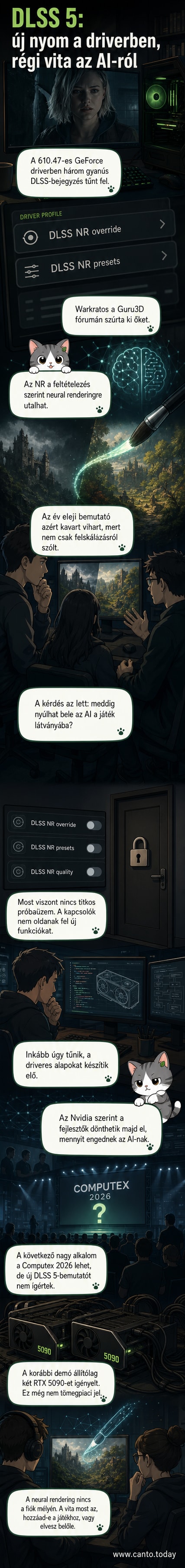 Nvidia logó mellett AI-renderelt játékkép, amelyen látható a mesterséges intelligencia által generált részlet.