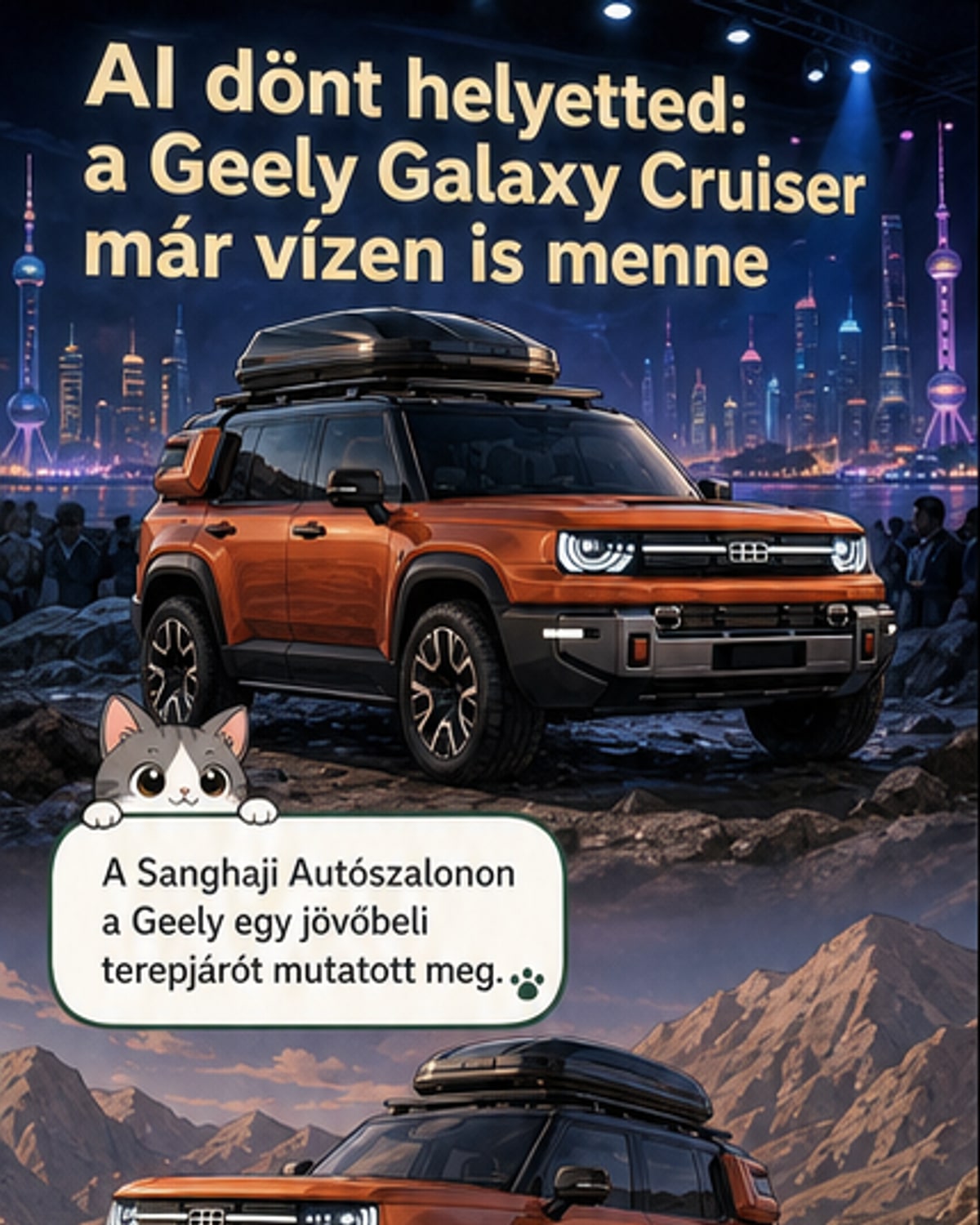 A Geely Galaxy Cruiser koncepcióautó külső és belső nézete, kiemelve a kínai kulturális motívumokat és a modern technológiát