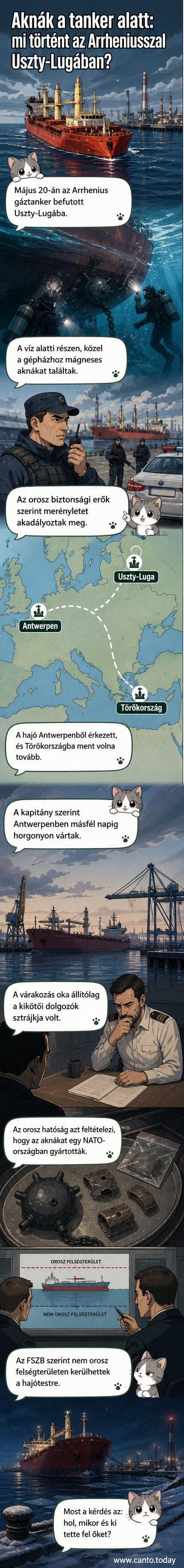 Illusztráció: egy tengeri kikötőben álló gáztanker, a hajótest alatt mágneses aknák láthatók, körülötte orosz hatósági járművek és katonák.