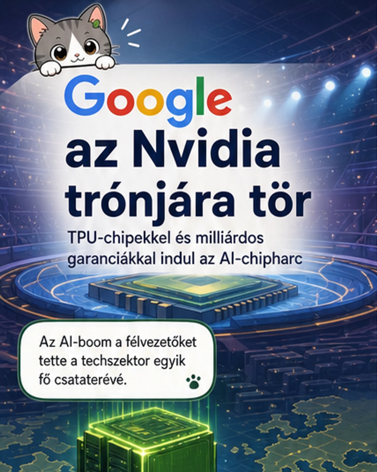 Illusztráció: két óriás, Google és Nvidia logója egymással szemben áll egy chipeszter térképen, középen AI ikonokkal és adatáramlásokkal.