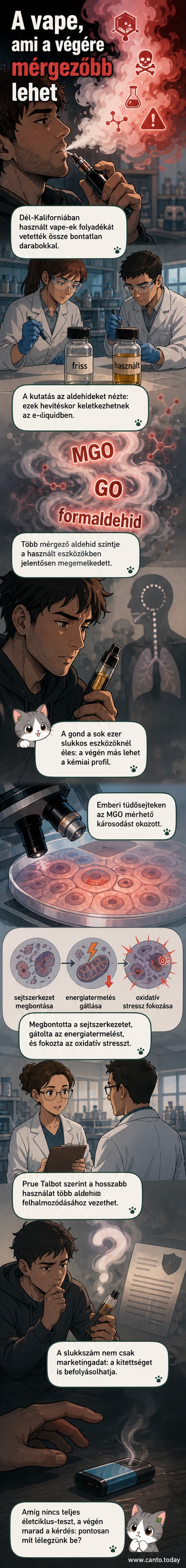 Illusztráció: eldobható e-cigaretta mellett füstölgő kémcsövek, háttérben sejtszerkezet-változások láthatók.