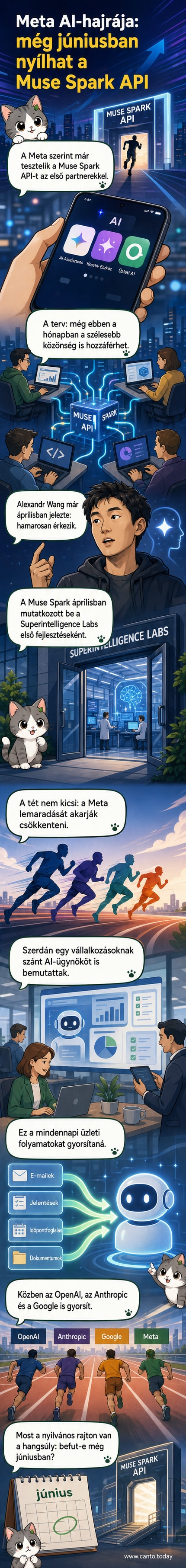 Illusztráció: Meta AI logóval ellátott szerverről áradó fény, amely különböző vállalati ikonokat érint meg, például táblázatot, levelet és beszélgetési buborékot.
