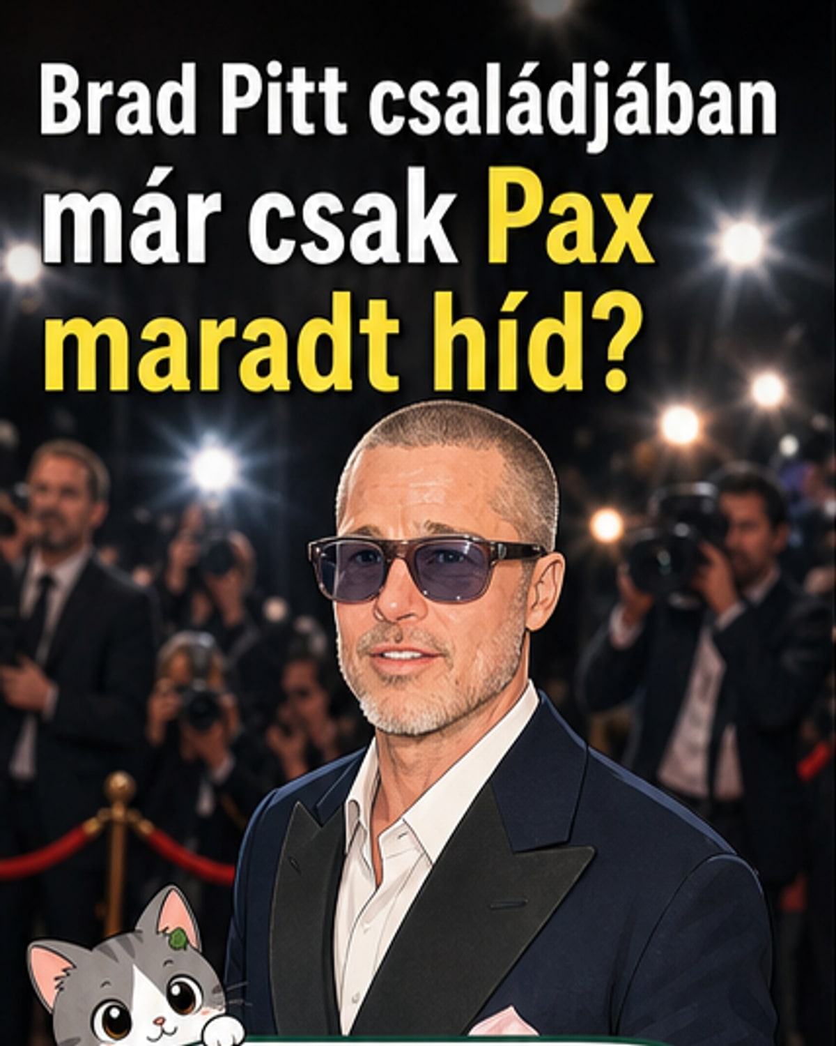 Brad Pitt és Angelina Jolie fiúgyermeke, Pax Jolie-Pitt, mosolyogva áll szülői között, a képen a család összefüggéseit szimbolizáló szakadó kötél látható egyik végénél.