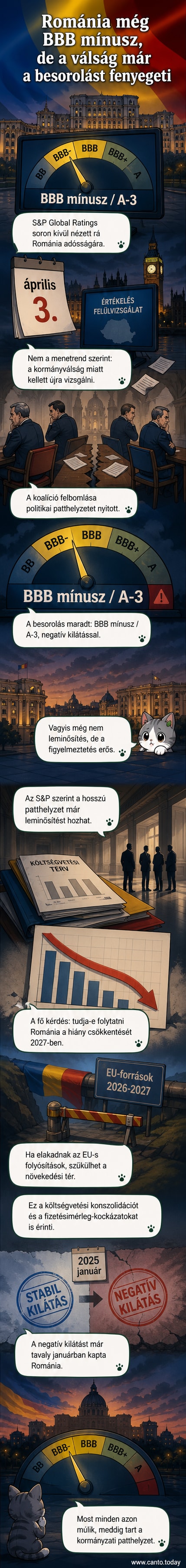 Románia térképe, mellette piros nyíl lefelé mutat, a háttérben pénzjelképek törve, a cím: 'Hitelminősítési nyomás'