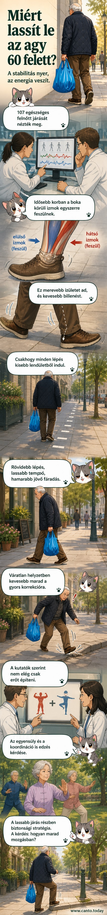 Idős ember lassan, óvatosan sétál egy parkban, mögötte grafikus ábrázolás mutatja az agy és az izmok közötti kapcsolatot járás közben.