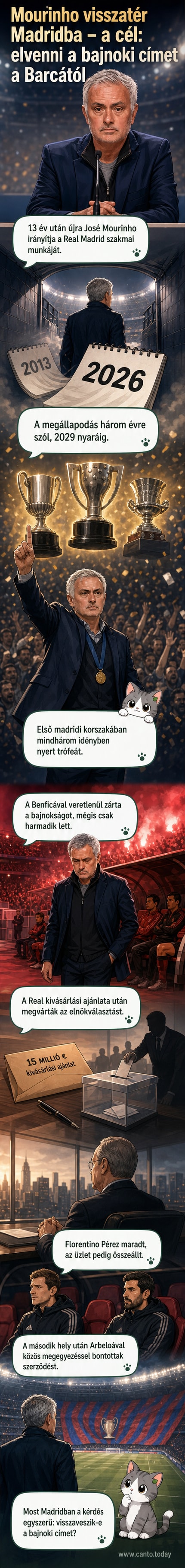 José Mourinho mosolyogva lép ki a Real Madrid stadionjába, kezében a klub meghívólevelével, hátterben a Santiago Bernabéu stadion fényei világítanak.
