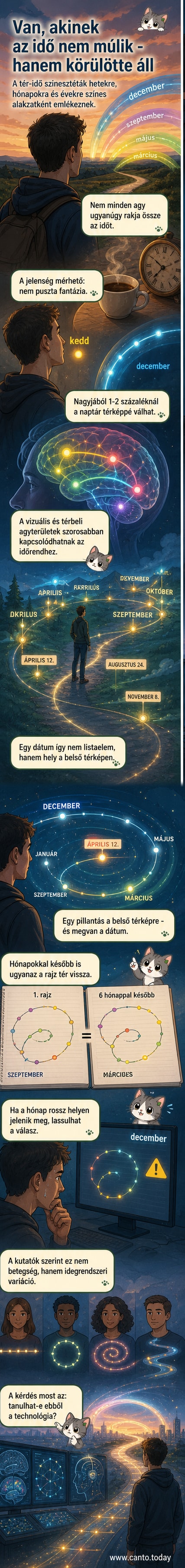 Illusztráció: Egy ember feje fölött színes, körkörös forma, amelyen hónapok és évszakok láthatók, mintha térbeli naptár lenne.