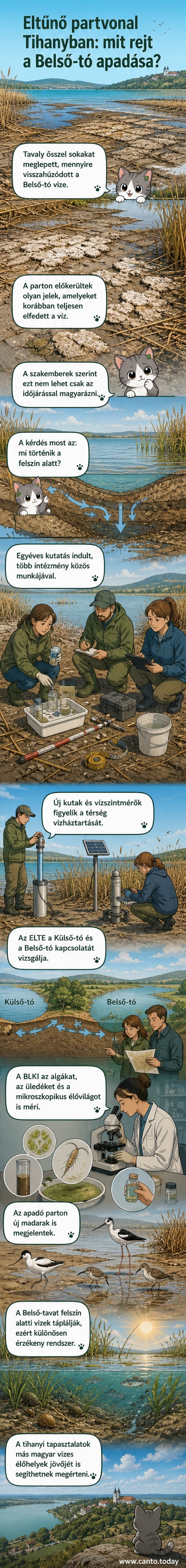 A tihanyi Belső-tó partján kutatók vizet gyűjtenek, a háttérben lecsökkent vízfelület és sáros aljzat látható.