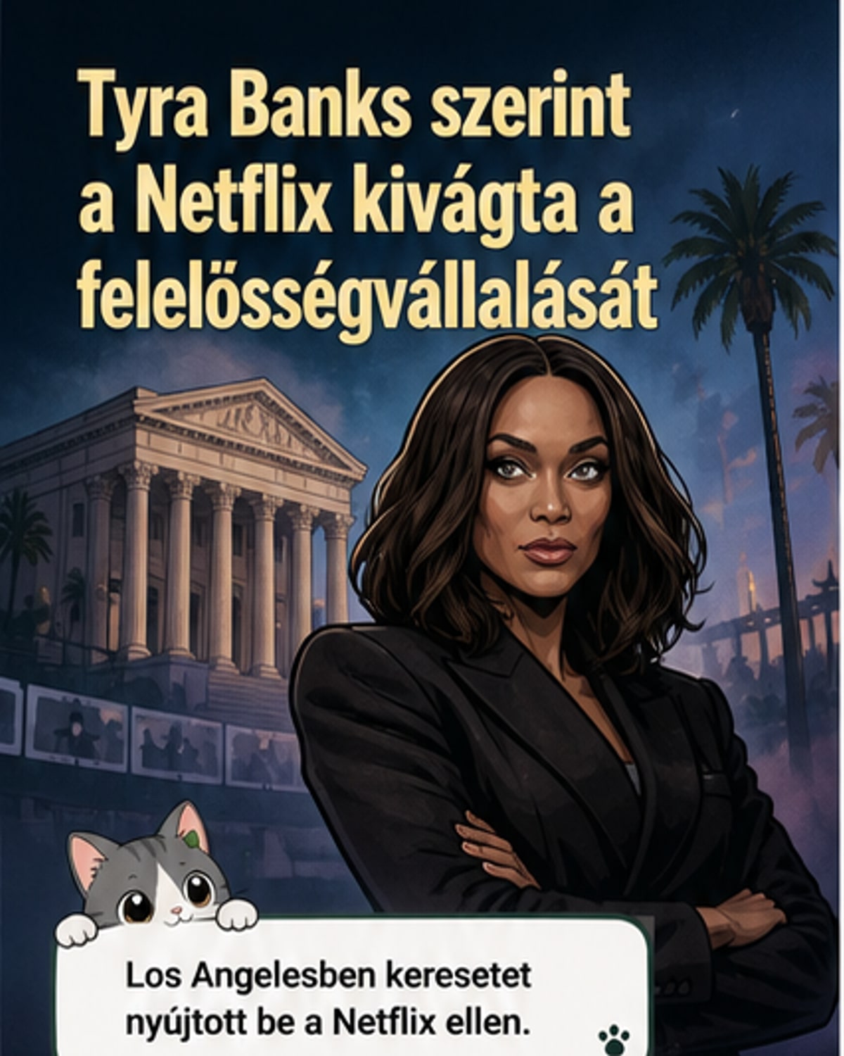 Tyra Banks egy interjú során, mögötte a Netflix dokumentumfilmjének plakátja, amelyen kiemelték a szelektív vágás vádját.