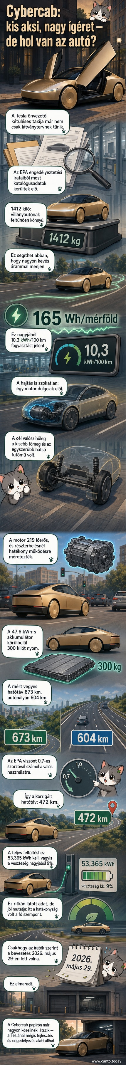 A Tesla Cybercab fényképe, egy kis, kétszemélyes, szögletes elektromos autó, amelynek külső designja a Cybertruck stílusát idézi.