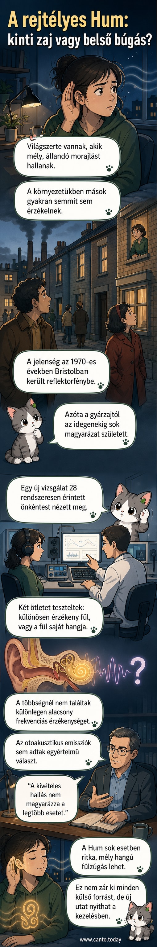 Egy ember füle mellett hullámformában jelenik meg a mély frekvenciájú zúgás, körülötte világkép szimbólumokkal, amelyek a rejtélyes hangforrásokat jelképezik.