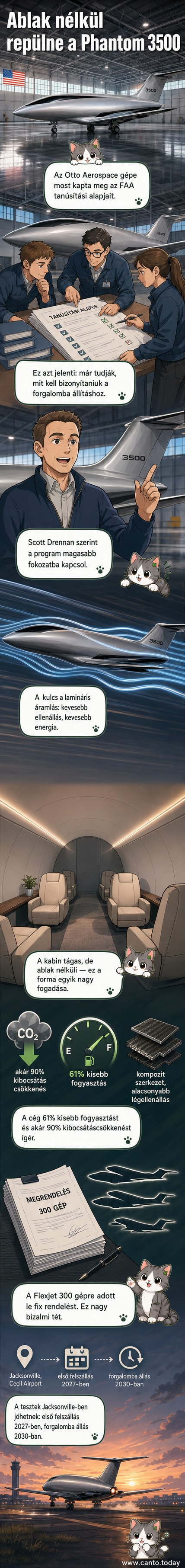 Futurisztikus, ablak nélküli üzleti repülőgép, a Phantom 3500, tiszta kék égbolt előtt, modern aerodinamikai formákkal és szénszálas felülettel.