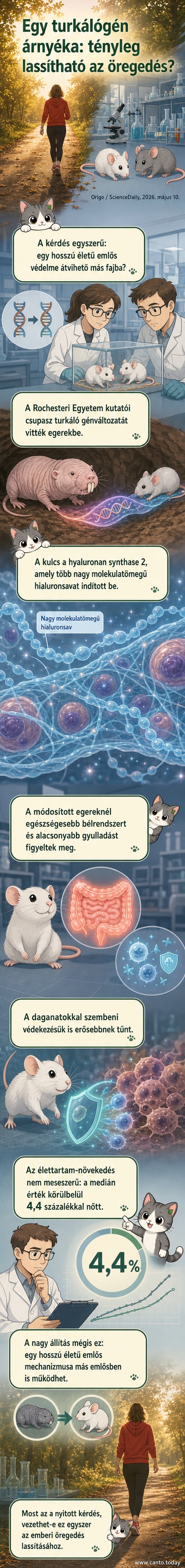 Illusztráció: génmódosított egér és csupasz turkáló egymás mellett, közöttük DNS-szálak és hialuronsav molekulák láthatók.