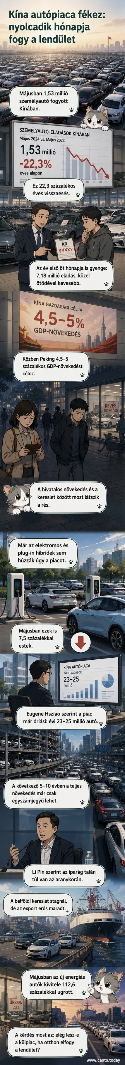 Illusztráció: Elektromos autók sorakoznak egy kínai autószalonban, a háttérben piros zászlók és digitális kijelzők.