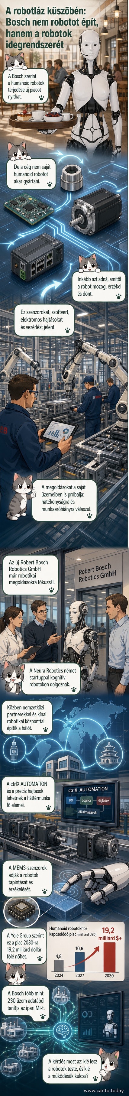 Illusztráció: modern ipari robot karjai egy gyártósoron, körülöttük digitális adatfolyamok és szenzorjelek