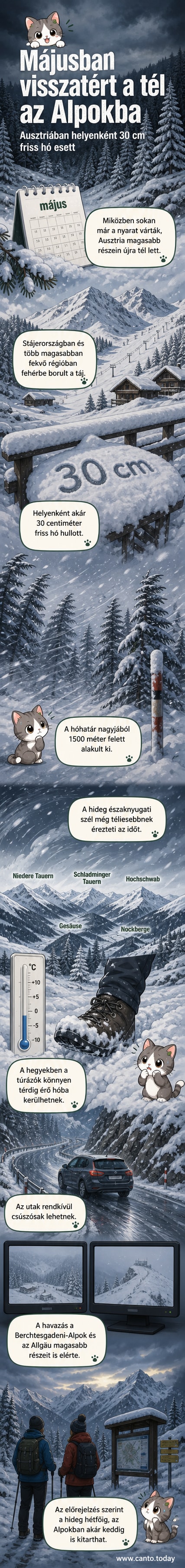 Behavazott alpesi táj májusban, fenyőfák fehér takaró alatt, a háttérben felhős égbolt