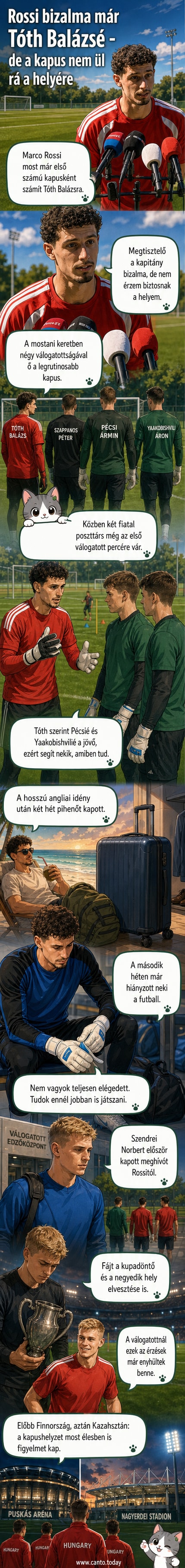 Tóth Balázs, a magyar válogatott kapusa, a Puskás Arénában tartott sajtótájékoztatón beszél, mögötte a csapat logója látható.
