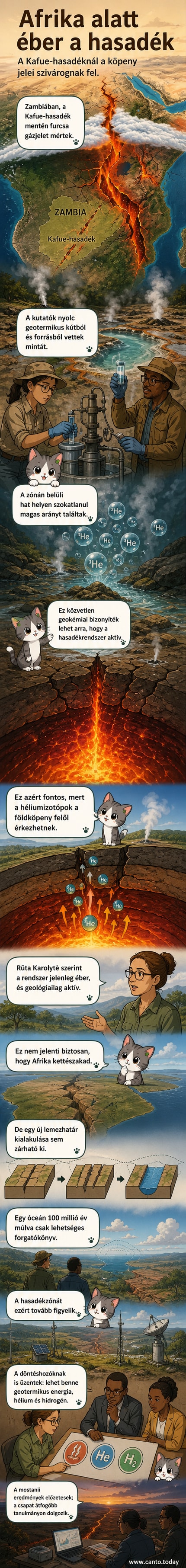 Illusztráció: Afrika kontinense repedéssel, amely végighúzódik a Kafue-hasadék mentén, alatta a földköpeny anyagának szivárgása látható.