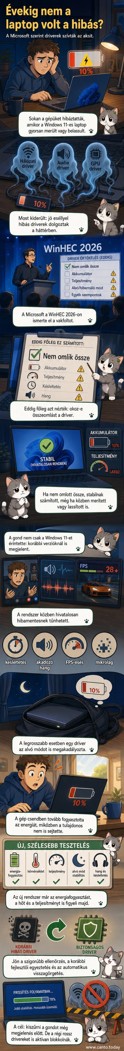 Stílusos illusztráció: laptop képernyőjén piros kereszttel áthúzott akkumulátor, mellette hibás illesztőprogramokat jelképező szürke ikonok, hátteret adó Microsoft logó félhomályban.