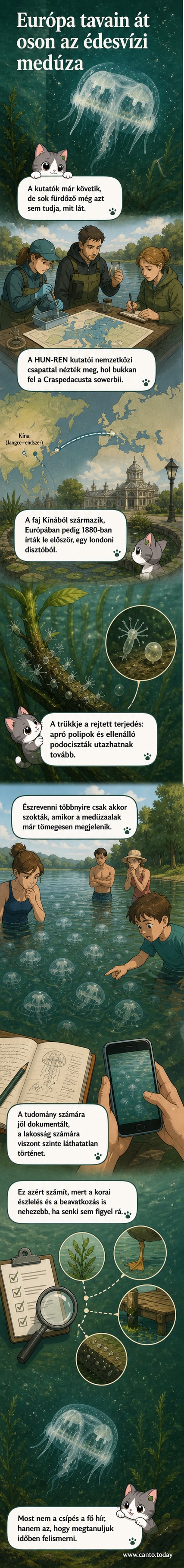 Édesvízi medúza úszik egy zöldes vízben, a háttérben növényekkel.