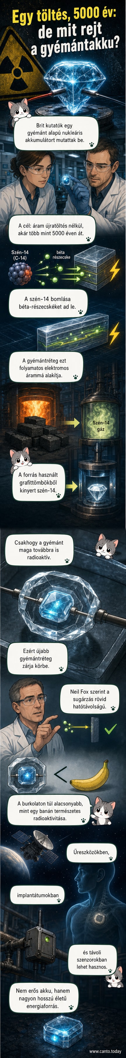 Átlátszó gyémántkristály belsejében radioaktív szén-14 izotóp, körülötte elektromos mező effekt, háttérben űrszonda és orvosi implantátum ikonok