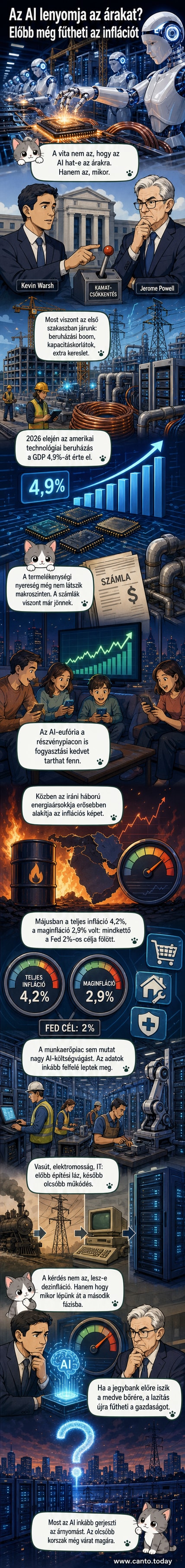 Illusztráció: egy mesterséges intelligencia chipje mellett lángoló inflációs görbe és épülő adatközpont látható.