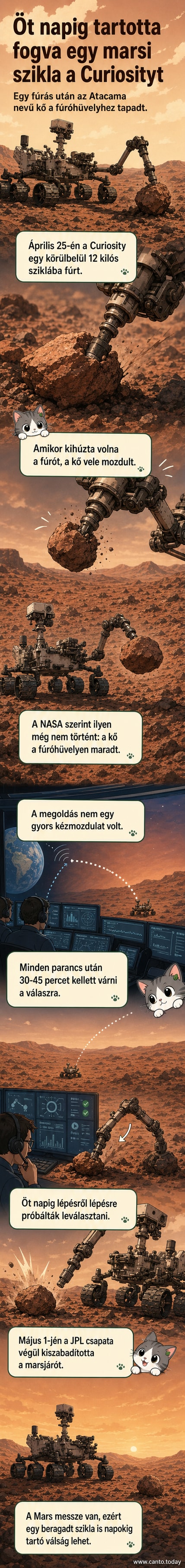 A NASA Curiosity marsjárója egy sziklába fúr, miközben a fúrófej beszorul, a háttérben a vörös bolygó kopár tája látható.