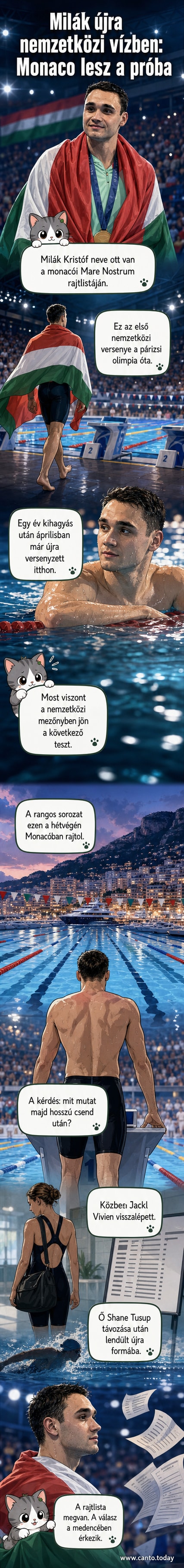 Milák Kristóf úszópályán, versenyruhában, kamerák előtt, Monacóban a Mare Nostrum versenyen.