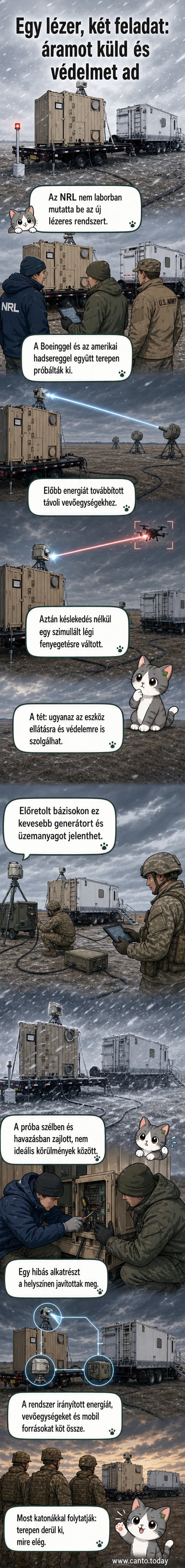 Illusztráció: katonai járműről kibocsátott lézersugár, amely egyszerre tölt energiát egy távoli egységbe és céloz egy drónra az égen.