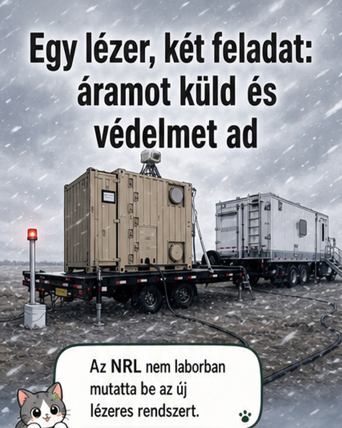 Illusztráció: katonai járműről kibocsátott lézersugár, amely egyszerre tölt energiát egy távoli egységbe és céloz egy drónra az égen.