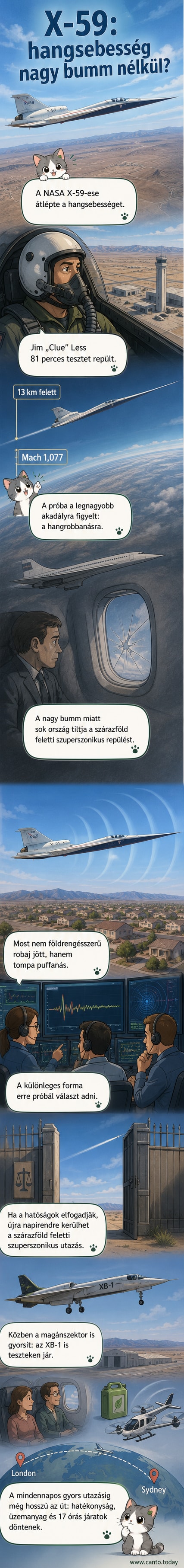 A NASA X-59-es szuperszonikus kutatórepülője repül a Mojave-sivatag felett, orra hosszú, keskeny, törzse áramvonalas, hátsó részén nagy függőleges stabilizátorral.