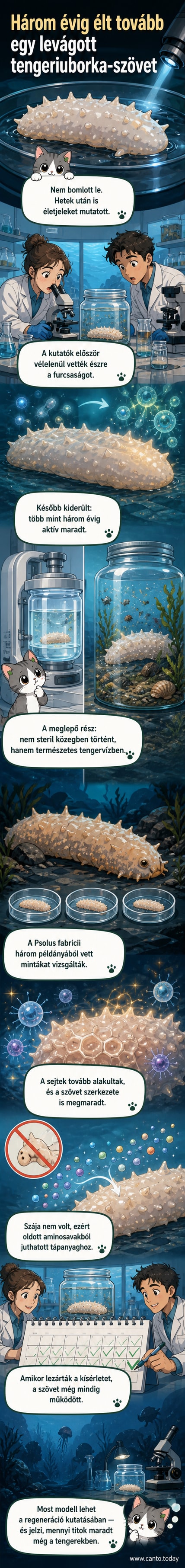 Mikroszkópos felvétel tengeri uborka szövetéről, amelyen élő sejtek növekedési nyomai láthatók természetes tengervízben.