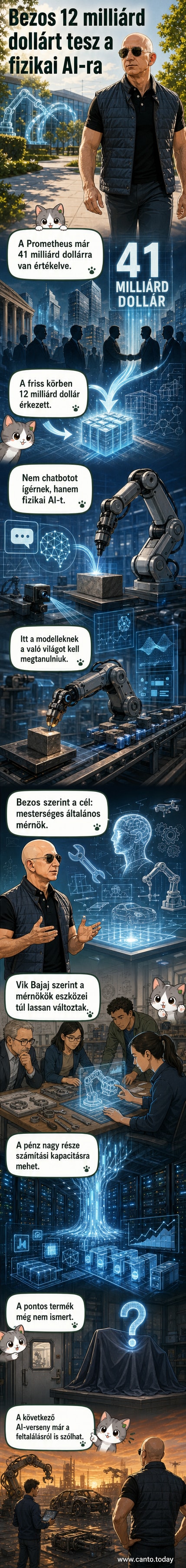 Jeff Bezos arcképe mellett futó szalagon robotokat tervező mesterséges intelligencia szimbóluma, háttérben adatfolyam és mérnöki rajzok