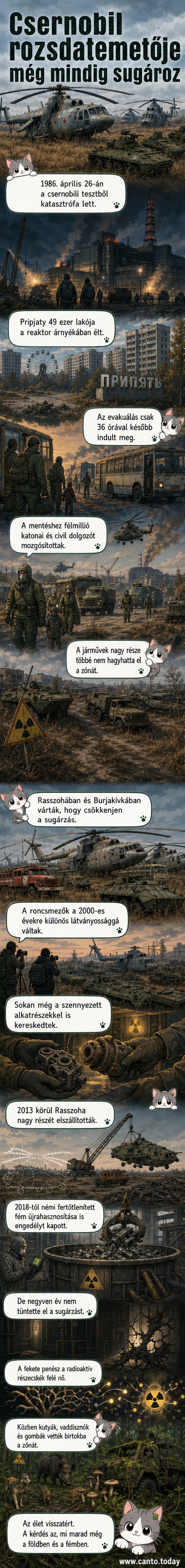 Romos helikopterek és járművek sorakoznak egy erdős, elhagyatott terepen, a háttérben füstölgő reaktorépülettel.