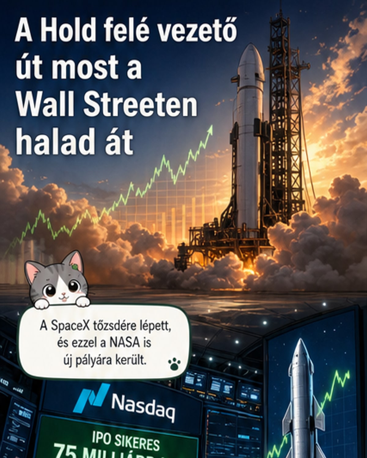Elon Musk a SpaceX logójával, a háttérben rakétaindulás és a Wall Street tőzsdei grafikonja