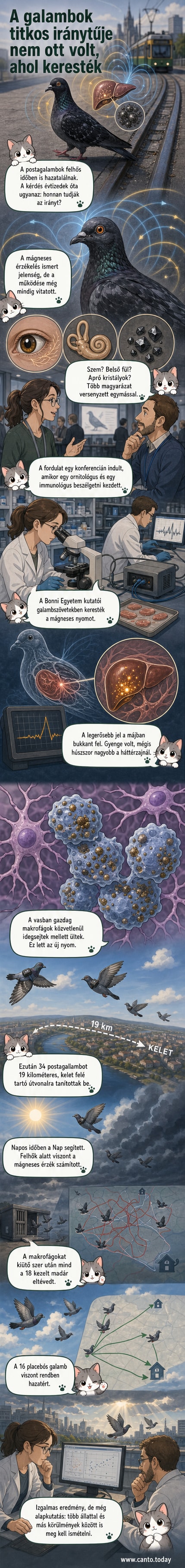 Postagalamb repül, alatta mágneses mező és májban elhelyezkedő vasrészecskék ábrája.