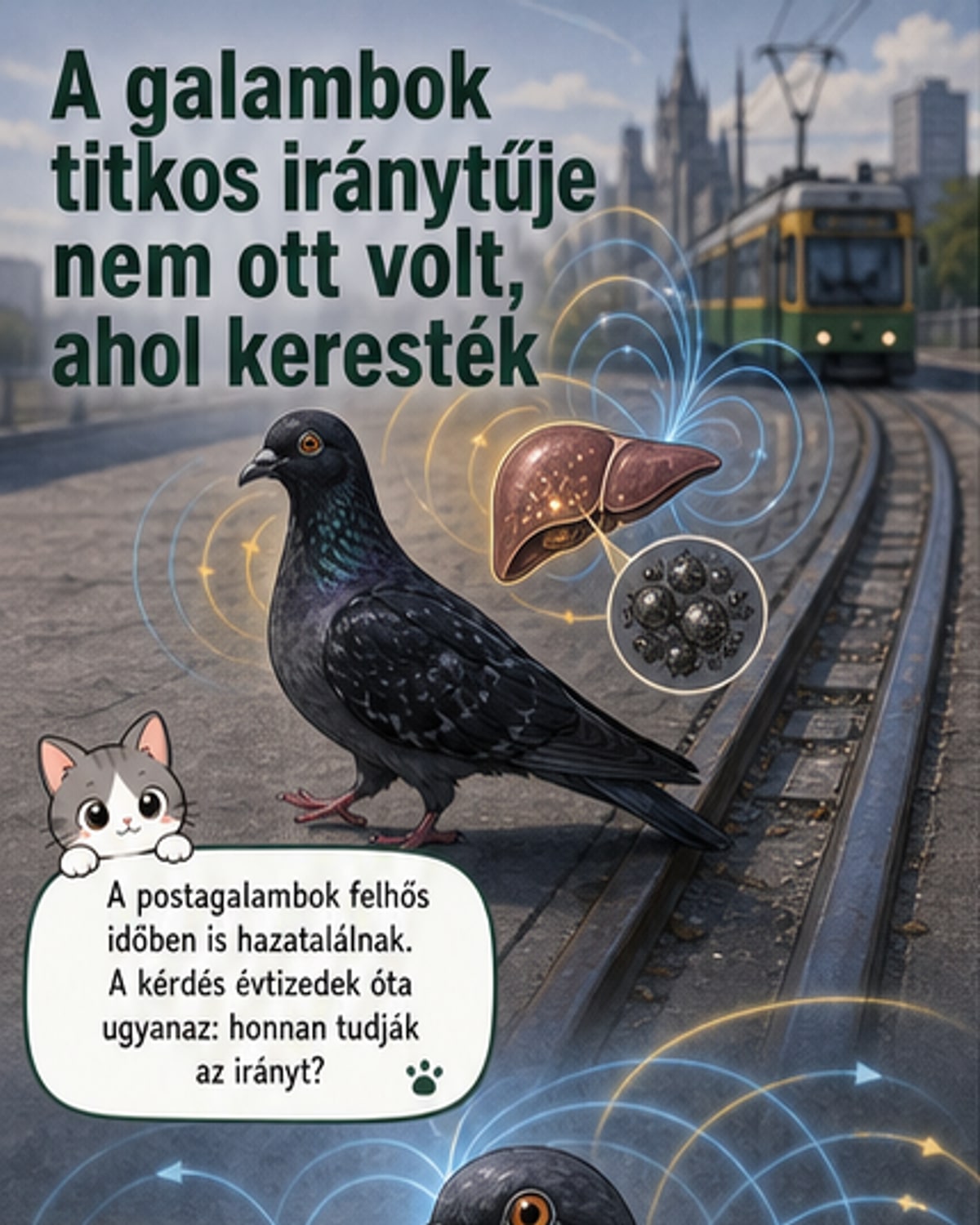 Postagalamb repül, alatta mágneses mező és májban elhelyezkedő vasrészecskék ábrája.