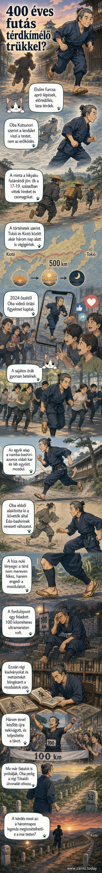 Illusztráció: hagyományos japán ruhában futó férfi, szalmaszandálban, laza testtartással, előredőlve halad, mögötte régi japán útvonal