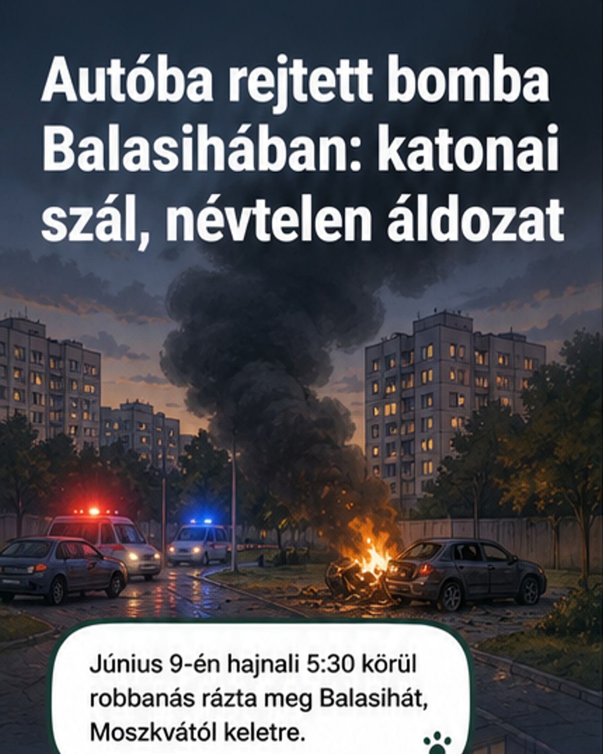 Légifelvétel egy megrongálódott BMW X3-asról, amelyet egy pokolgép robbantott fel Moszkva keleti külvárosában, Balasihában, a Koldunova utcában.
