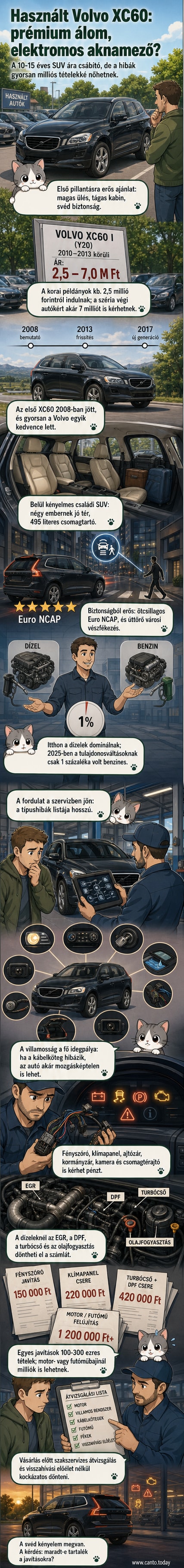 Stílusos, de koravasztott Volvo XC60 SUV úttesten, alatta piros figyelmeztető ikonok villanak fel: hibás kábelköteg, dugattyú, DPF-szűrő és futómű.