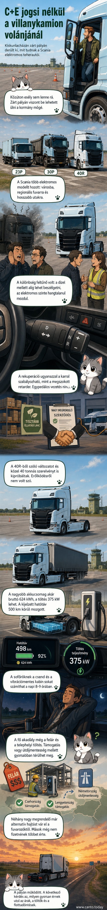 Elektromos Scania teherautók tesztelése egy kiskunlacházi repülőtéren, a járművek közül egy 40R modell látható.