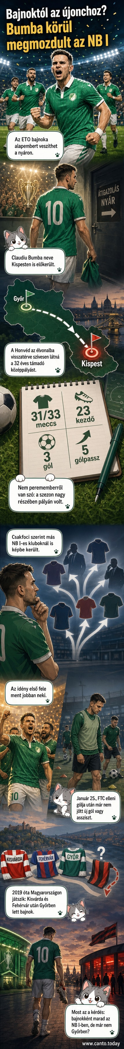 Claudiu Bumba, az ETO román támadó középpályása, mezben áll a pályán, háttérben szurkolók.