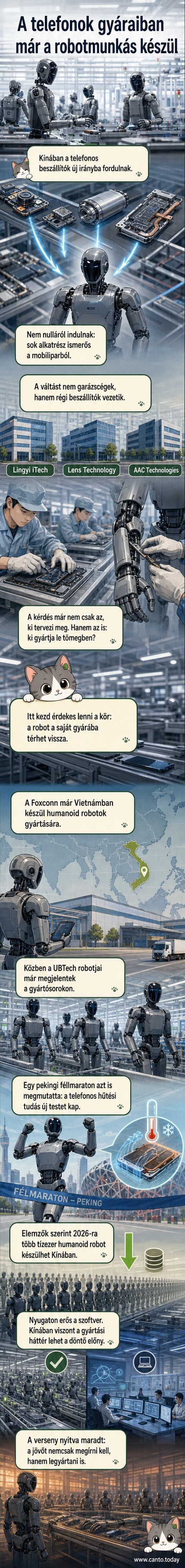 Kínai gyártósoron humanoid robotok sorakoznak, mögöttük okostelefon-összeszerelő üzem látható átalakulásban