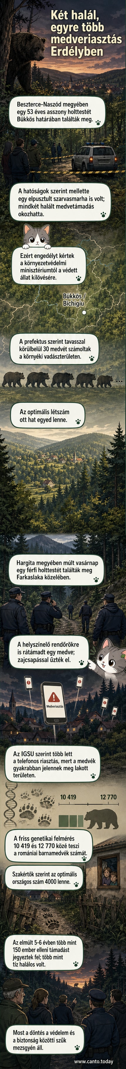 Illusztráció: erdőben álló barnamedve, előtérben szarvasmarha teteme és ruhadarabok, távolban hegyek