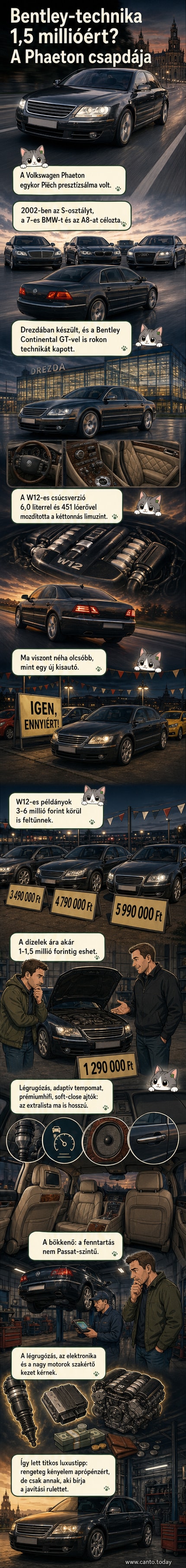 Egy Volkswagen Phaeton elegáns formákkal, előtérben a Bentley-stílusú orr és a nagy méretű hűtőrács
