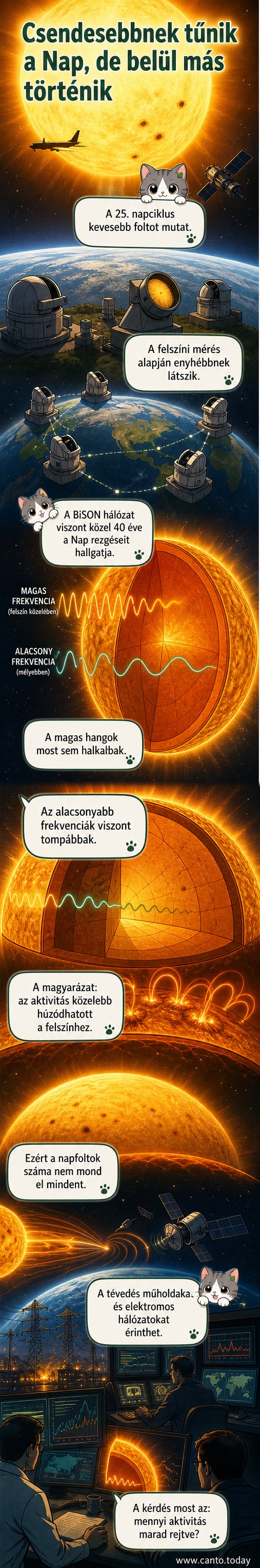 A Nap belső rétegeit és a felszín közelében koncentrálódó mágneses mezőt ábrázoló illusztráció, alatta napfoltokkal tűzdelt felszín