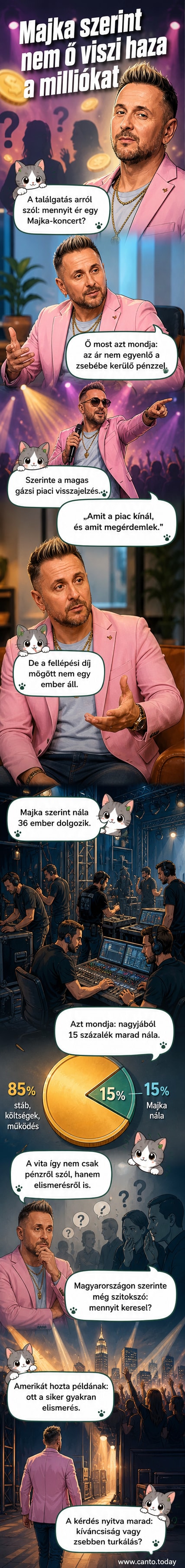 Majka színpadon, mikrofonnal a kezében, mögötte fényekkel tarkított háttér, alul szöveg: 'Koncert után ki kapja a pénzt?'